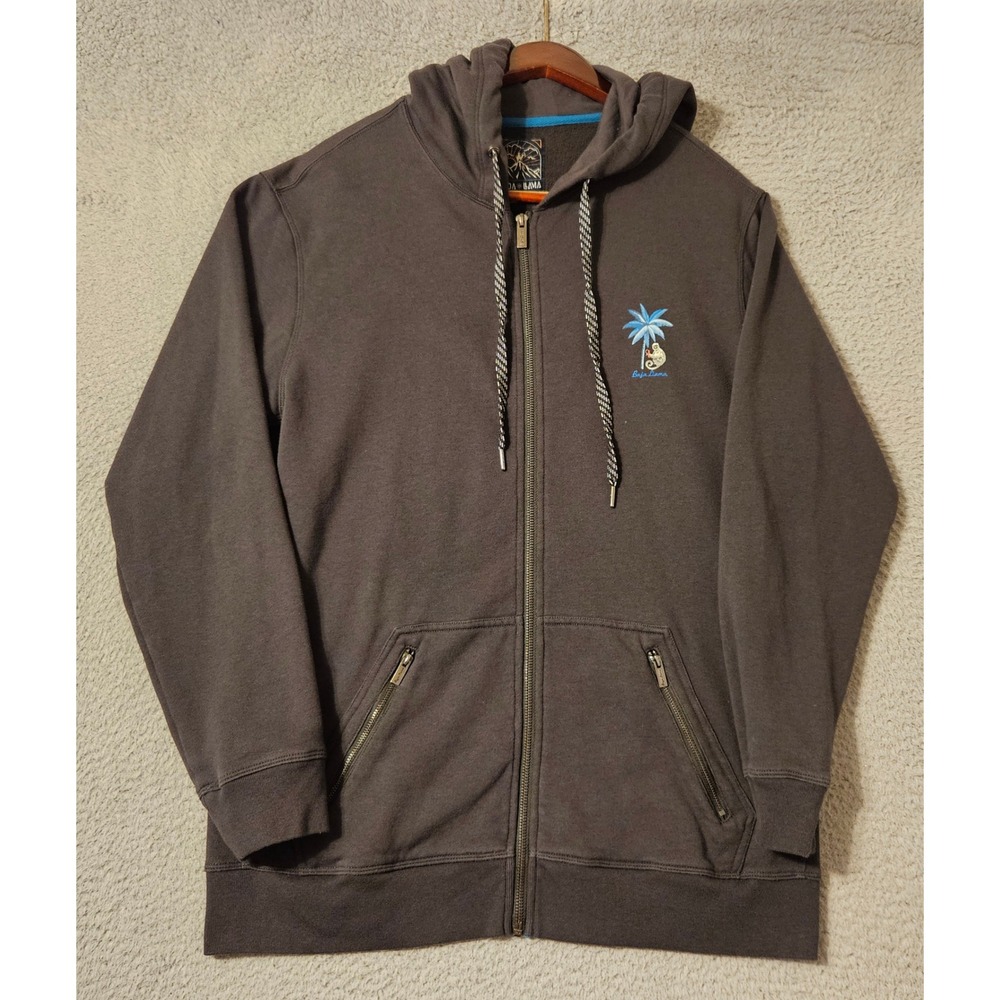 Baja Llama Mens Full Zip Hoodie Gray Organic Cotton Fleece Palm Tree Graphic L